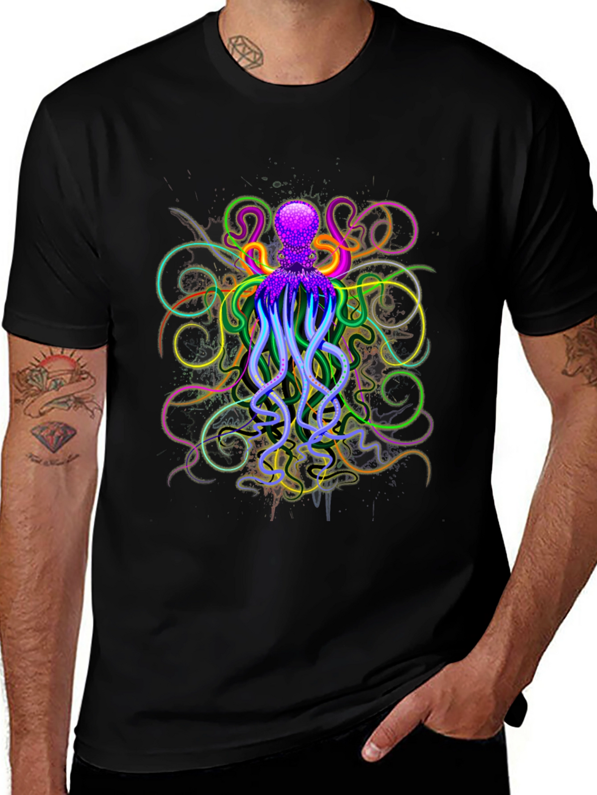 Neon Octopus Graphic Black T-Shirt