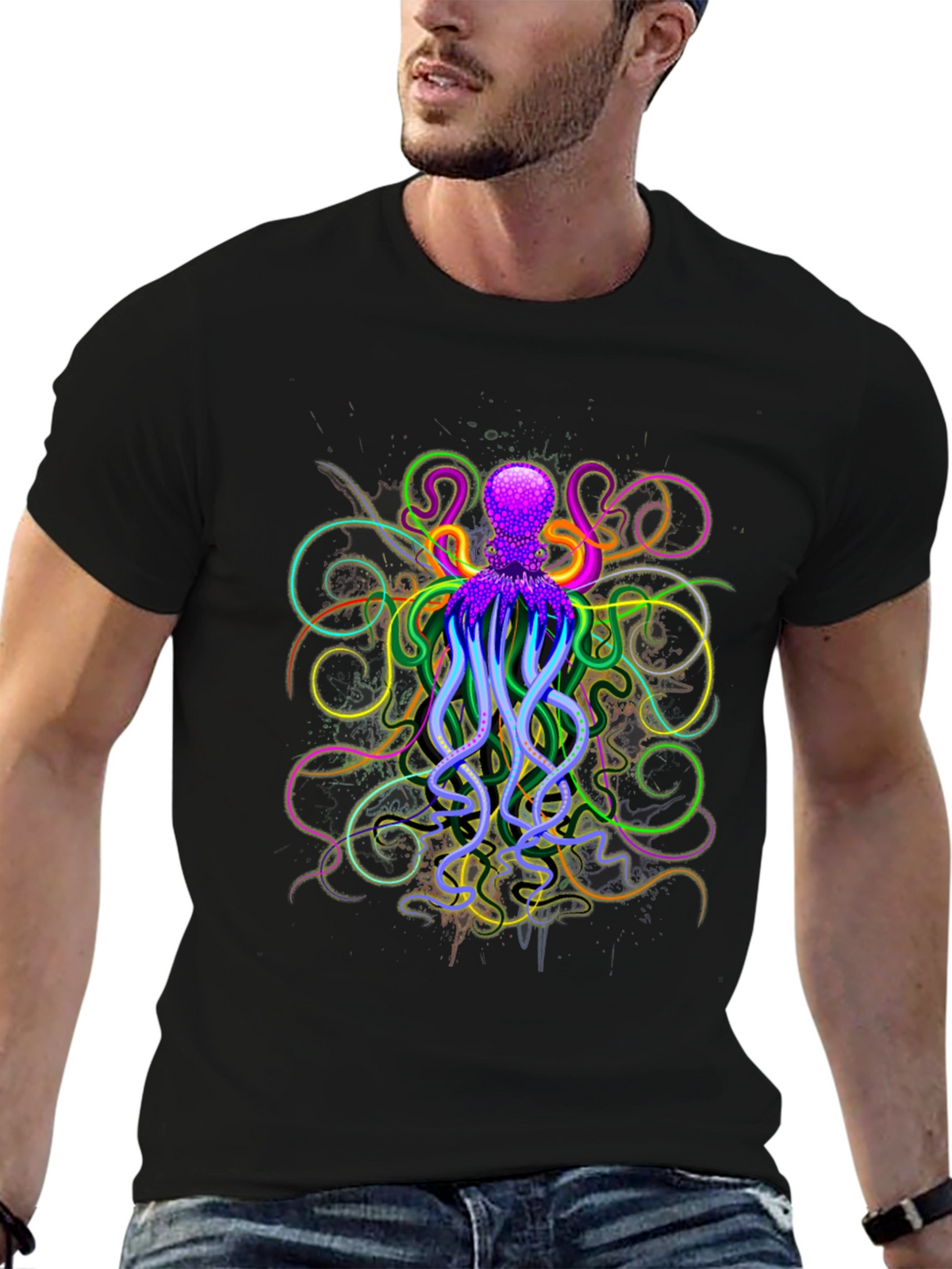 Neon Octopus Graphic Black T-Shirt