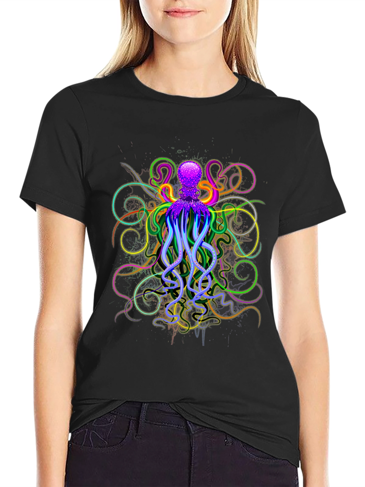 Neon Octopus Graphic Black T-Shirt