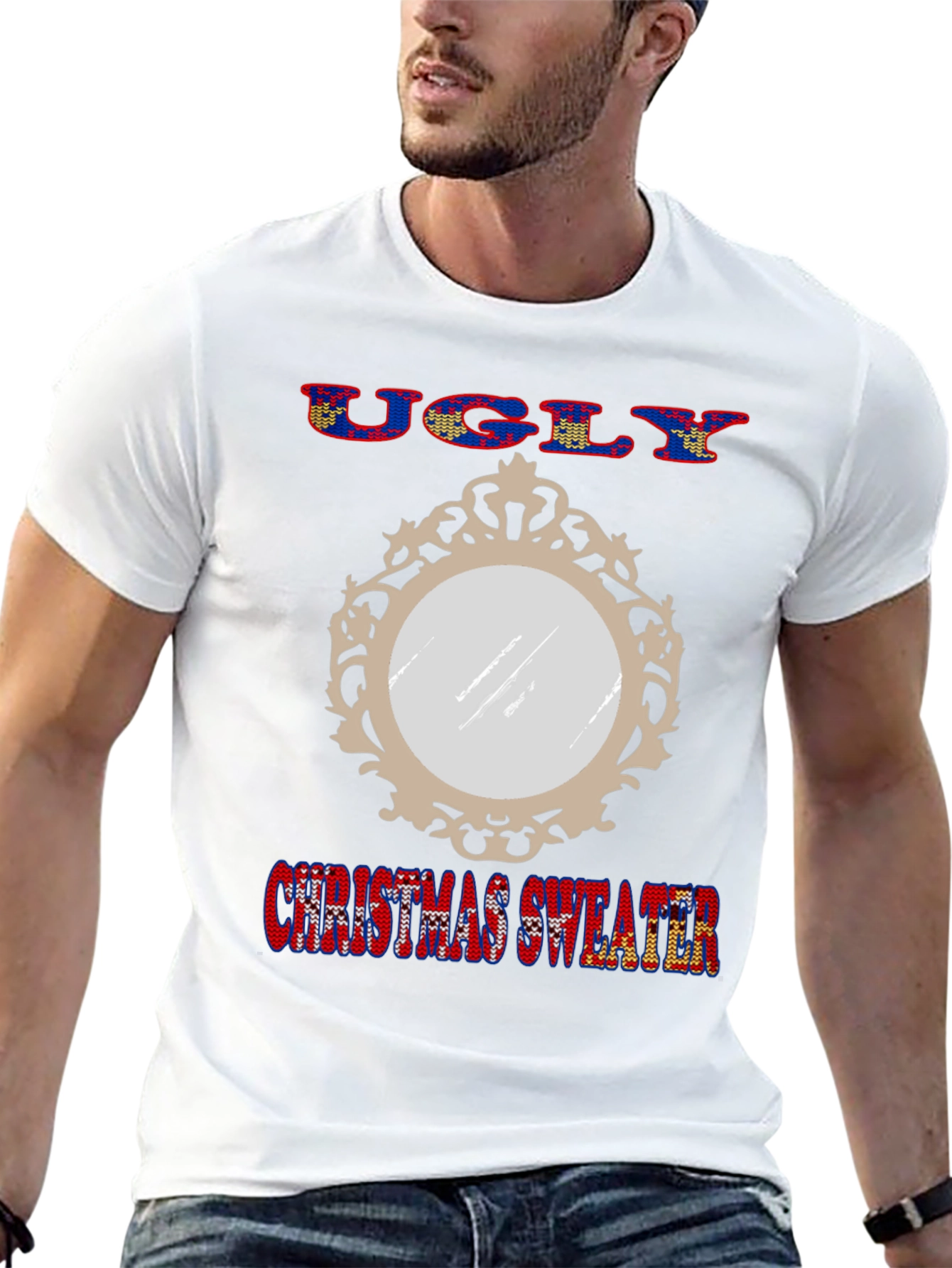 Ugly Christmas Sweater Mirror Graphic T-Shirt
