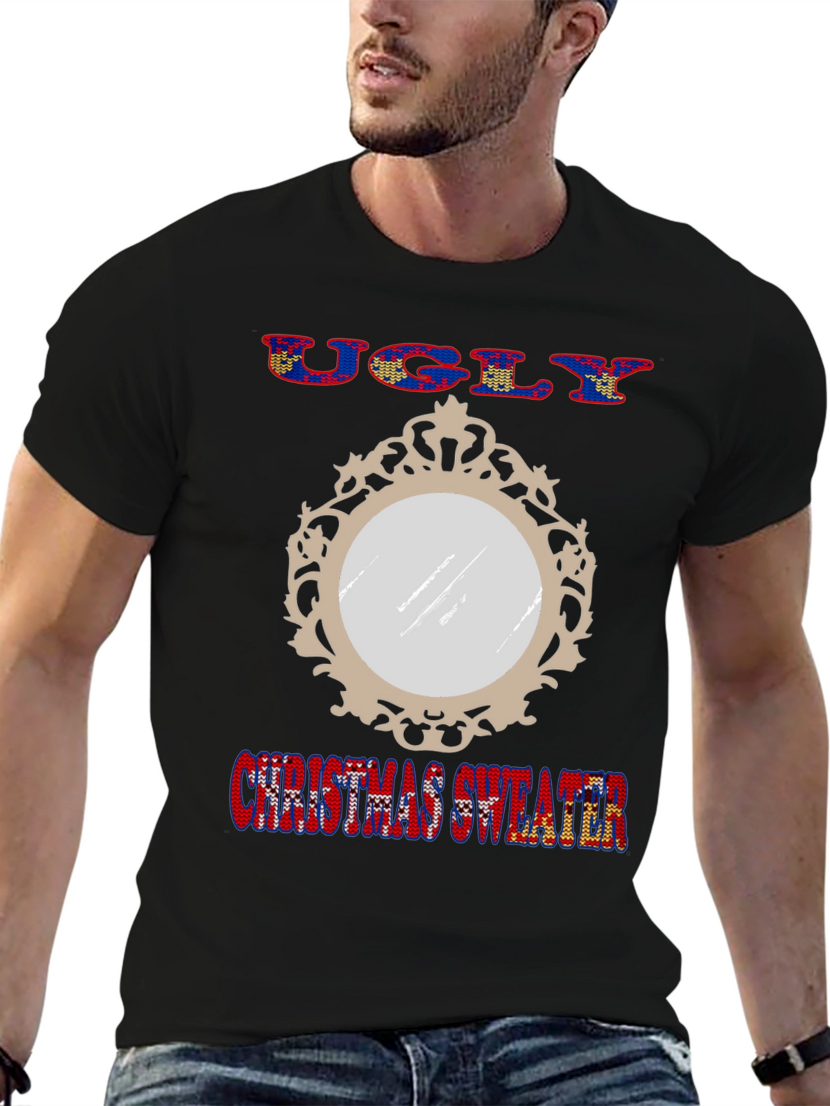 Ugly Christmas Sweater Mirror Graphic T-Shirt