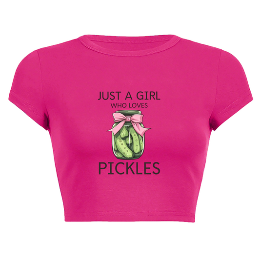 Just A Girl Obsessed With Pickles Pink Coquette Crop Top