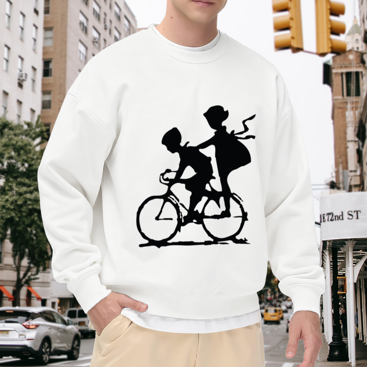Tandem Bicycle Silhouette Crewneck Sweatshirt - Minimal Two Riders Graphic, Cycling Couple Pullover, Adventure Gift Top