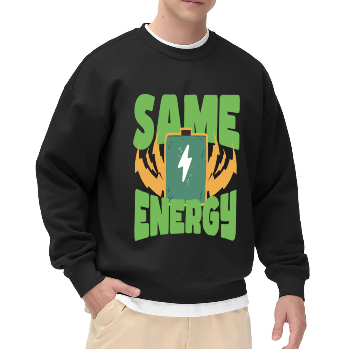 Same Energy Battery Crewneck Sweatshirt - Funny Lightning Bolt Graphic Pullover, Electric Humor Streetwear, Charged Up Top
