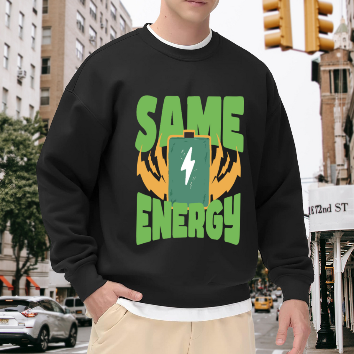 Same Energy Battery Crewneck Sweatshirt - Funny Lightning Bolt Graphic Pullover, Electric Humor Streetwear, Charged Up Top