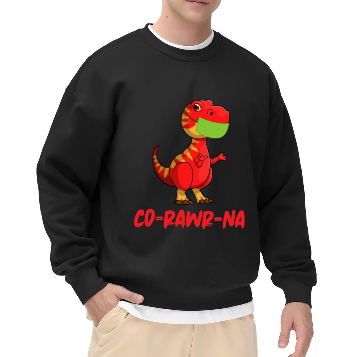 Funny Cartoon T-Rex Dinosaur with Mask 'CO=RAWR=NA' Humor Graphic Print Unisex Crewneck Sweatshirt
