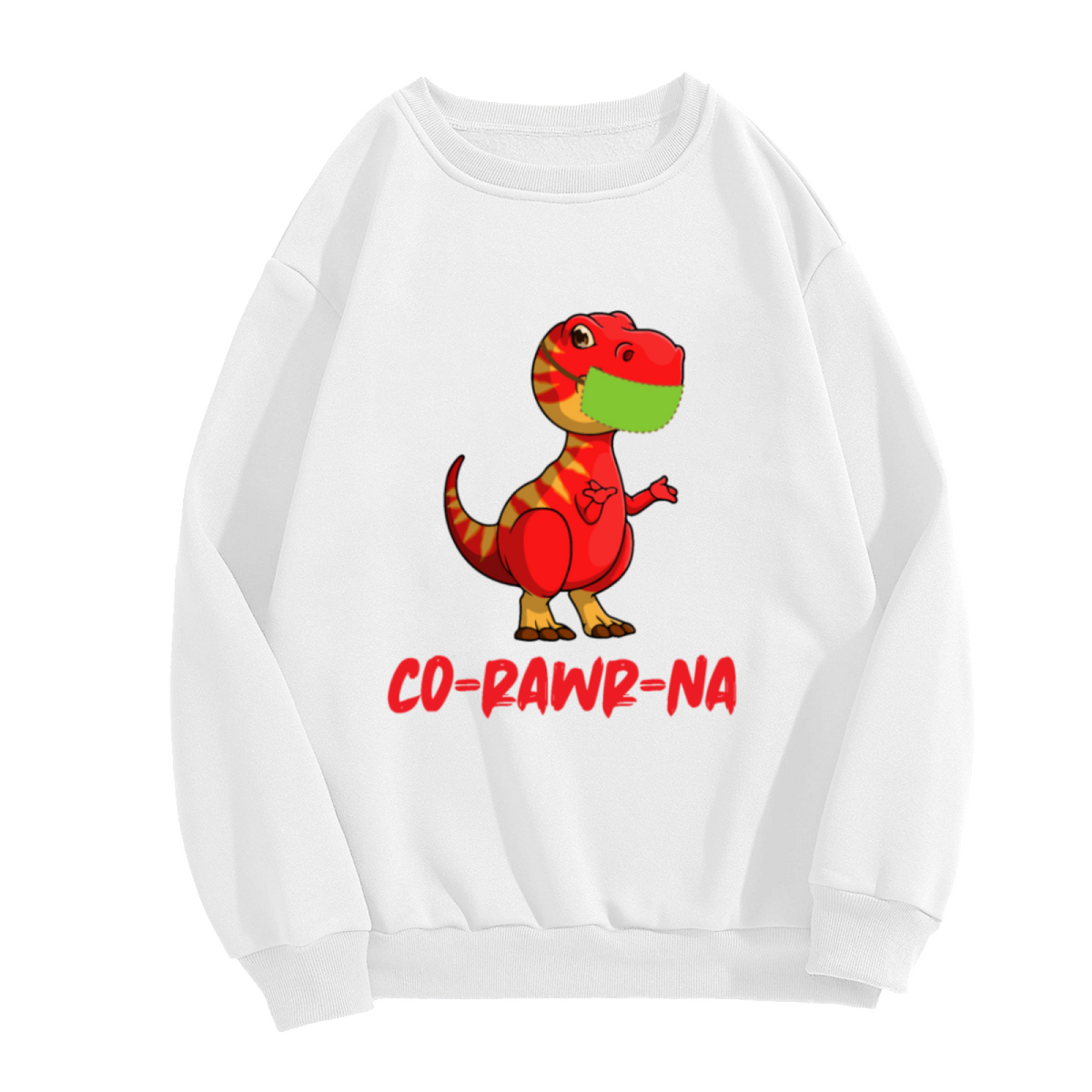 Funny Cartoon T-Rex Dinosaur with Mask 'CO=RAWR=NA' Humor Graphic Print Unisex Crewneck Sweatshirt