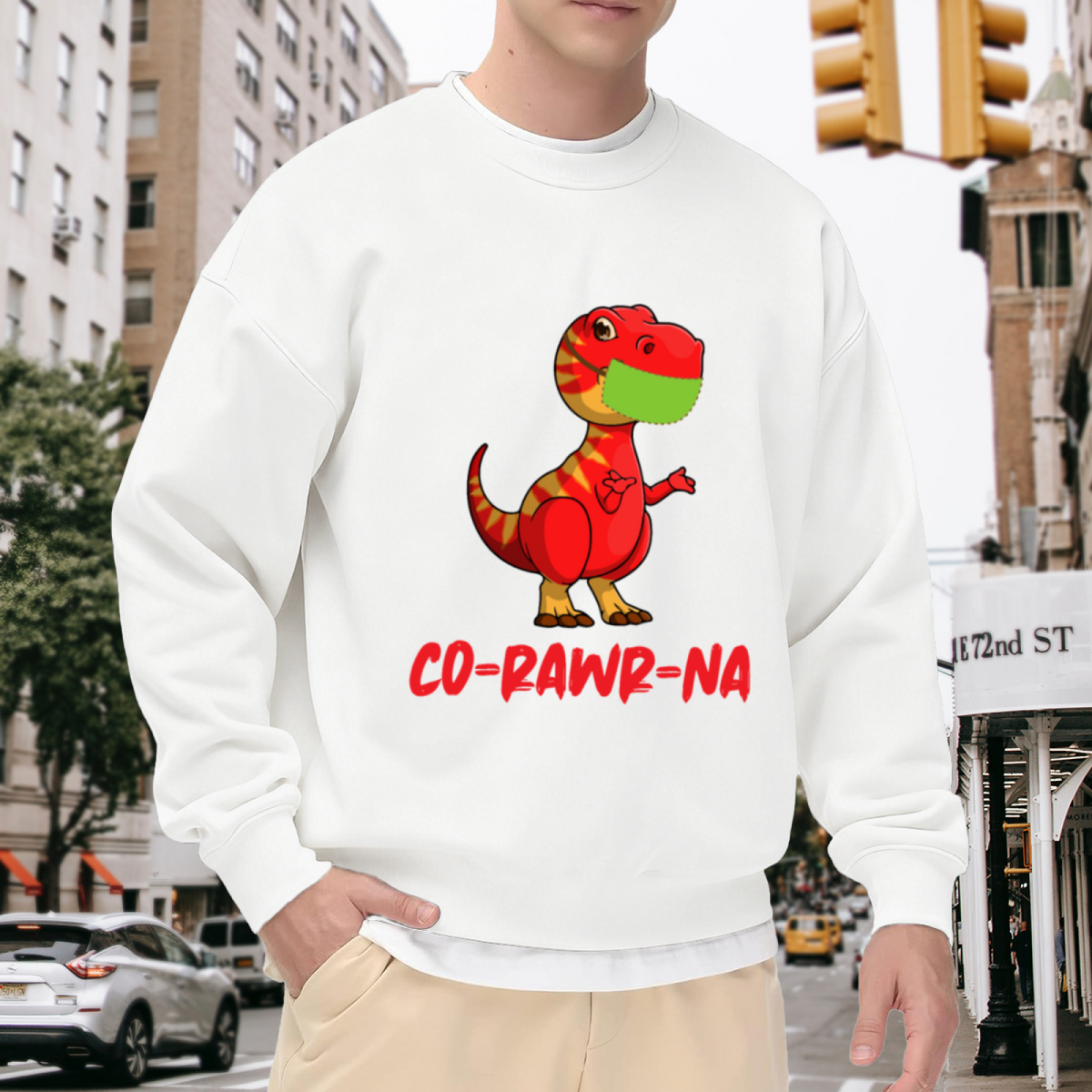 Funny Cartoon T-Rex Dinosaur with Mask 'CO=RAWR=NA' Humor Graphic Print Unisex Crewneck Sweatshirt