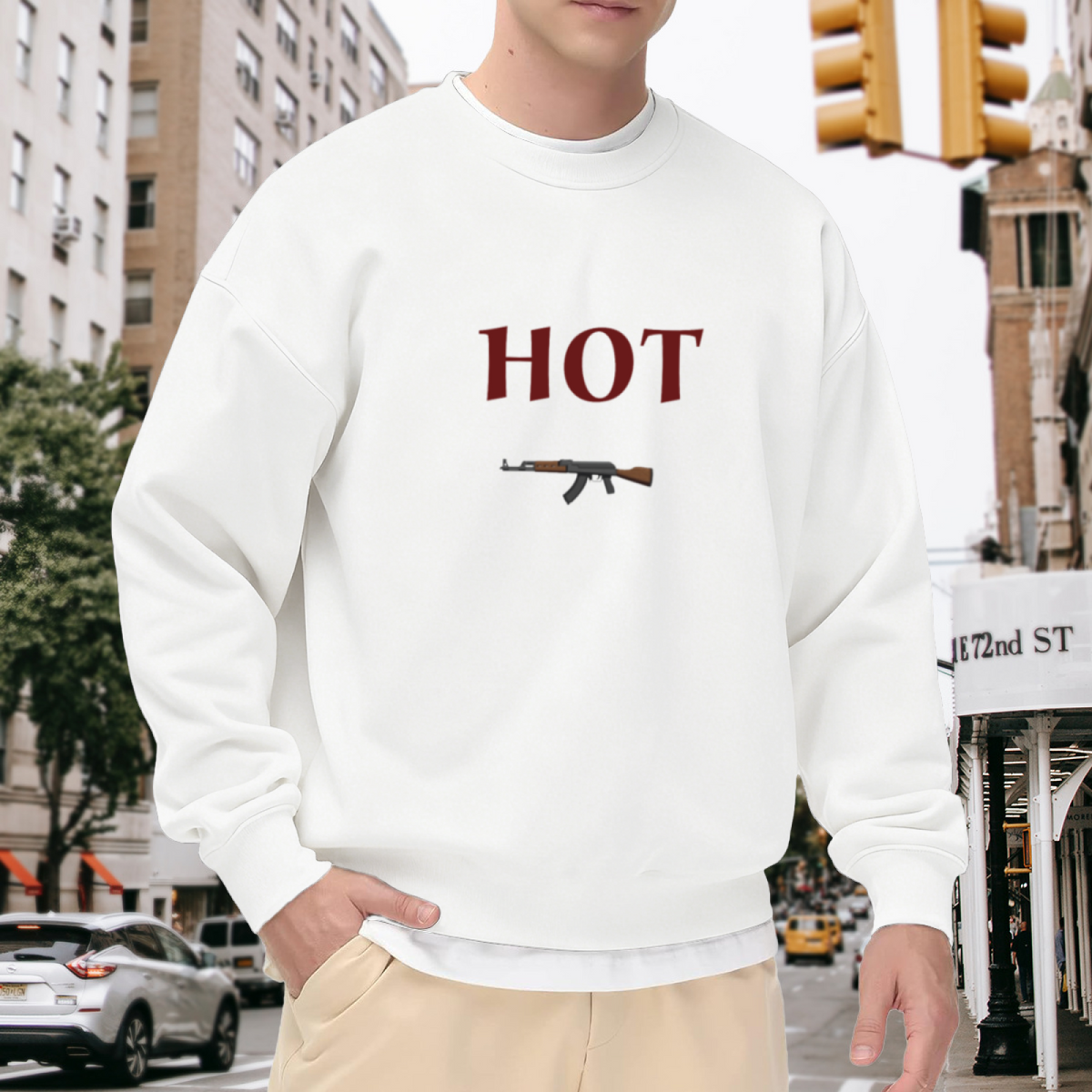 Rifle Graphic HOT Sweatshirt | Vintage Bold Serif Lettering Crewneck, Edgy Statement Streetwear Pullover Top, Graphic Print for Men Women