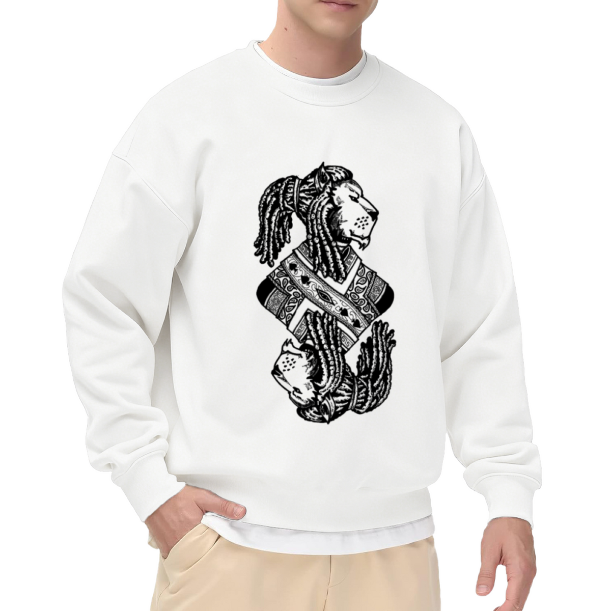 Lion King Card Crest Crewneck Sweatshirt - Vintage Royal Lion Engraving Pullover, Regal Animal Graphic, Gothic Heraldry Top
