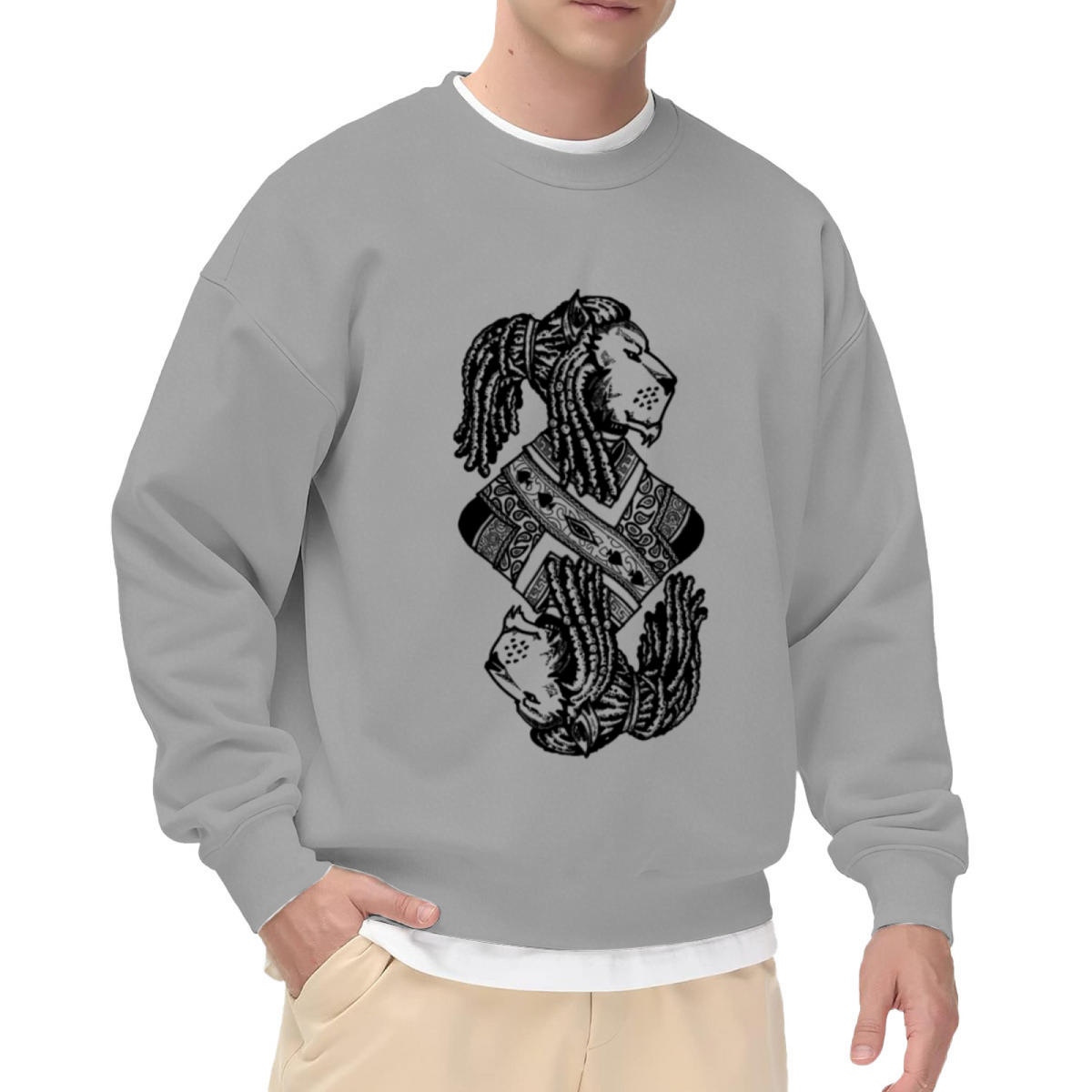 Lion King Card Crest Crewneck Sweatshirt - Vintage Royal Lion Engraving Pullover, Regal Animal Graphic, Gothic Heraldry Top