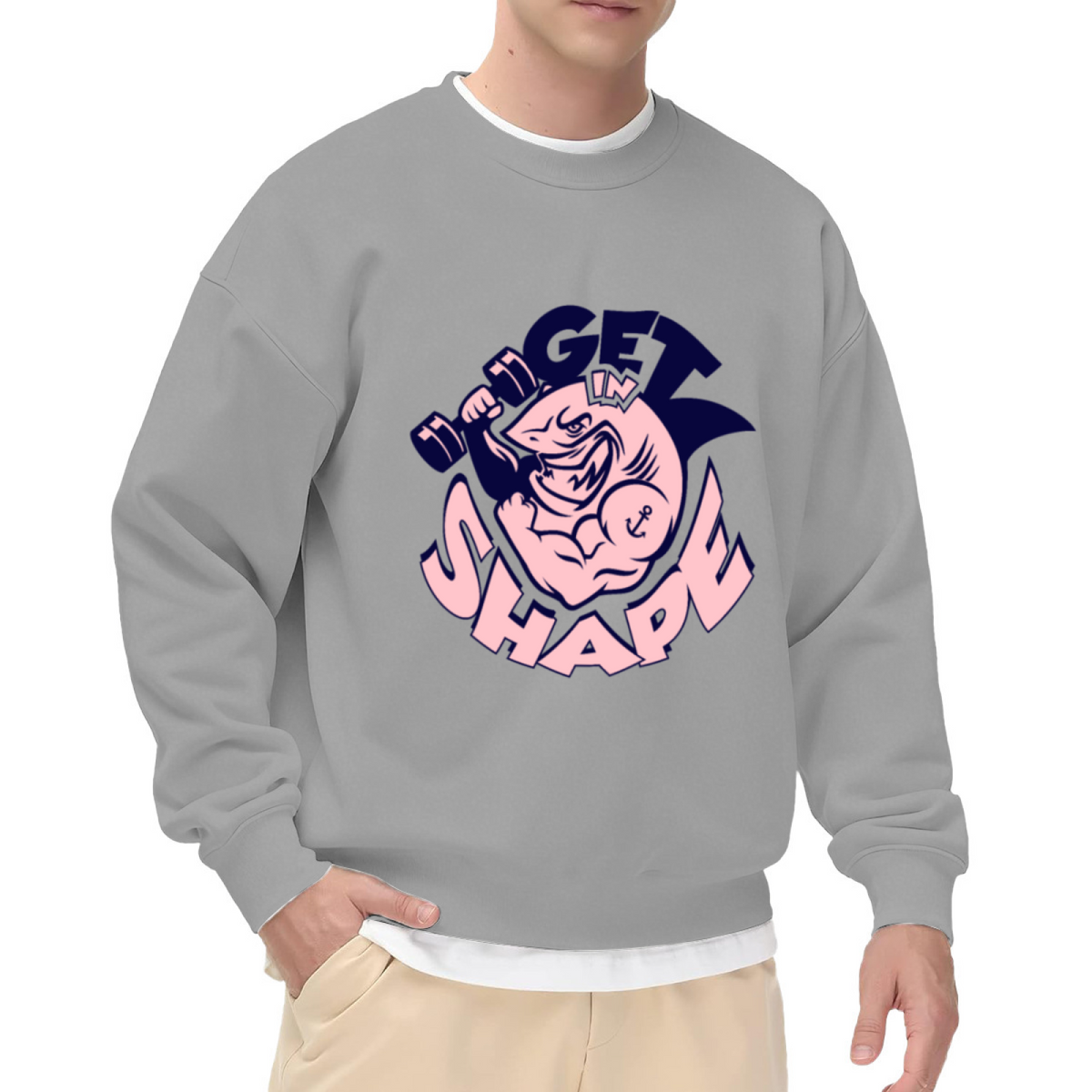 Get In Shape Shark Crewneck Sweatshirt | Funny Gym Workout Pullover, Retro Cartoon Muscle Shark Graphic Top, Fitness Motivation Gift