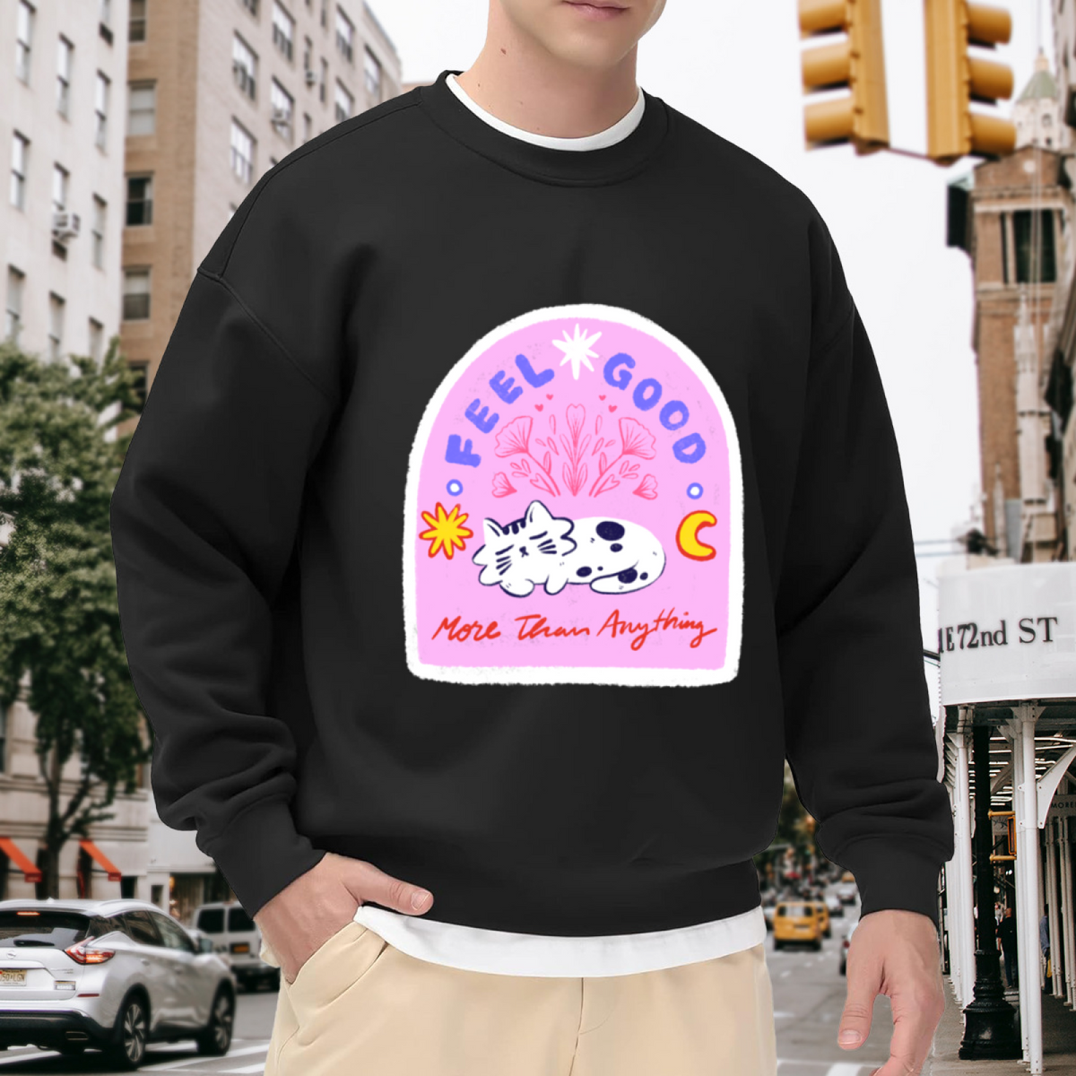 Feel Good More Than Anything Crewneck Sweatshirt - Cute Cow Arch Frame Graphic, Retro Pastel Pullover, Positive Vibes Top