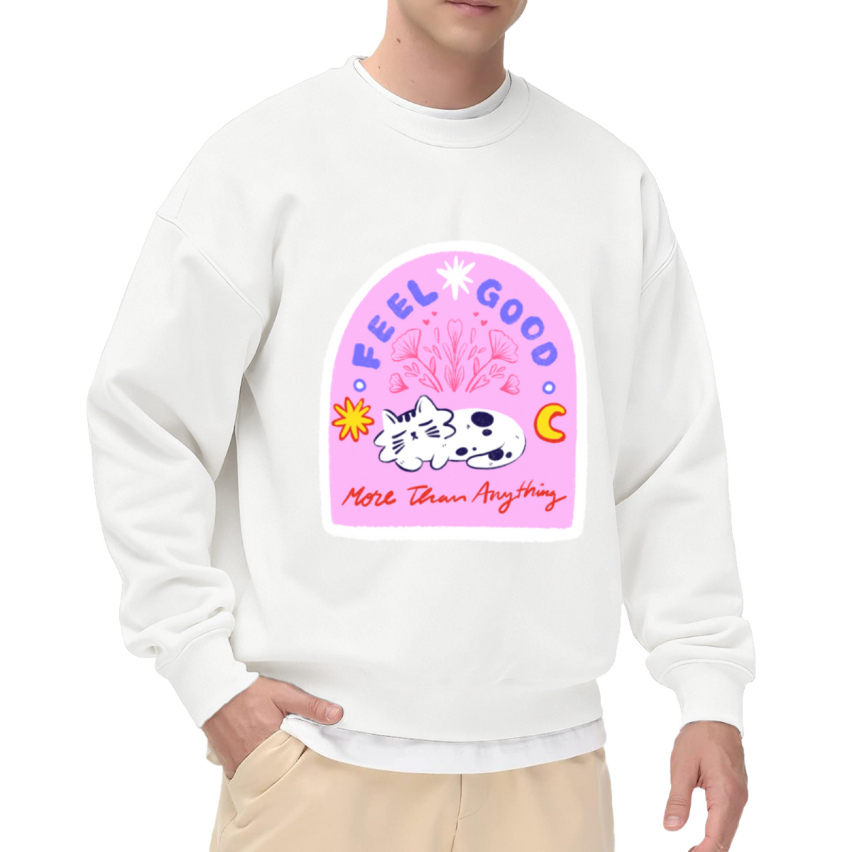 Feel Good More Than Anything Crewneck Sweatshirt - Cute Cow Arch Frame Graphic, Retro Pastel Pullover, Positive Vibes Top