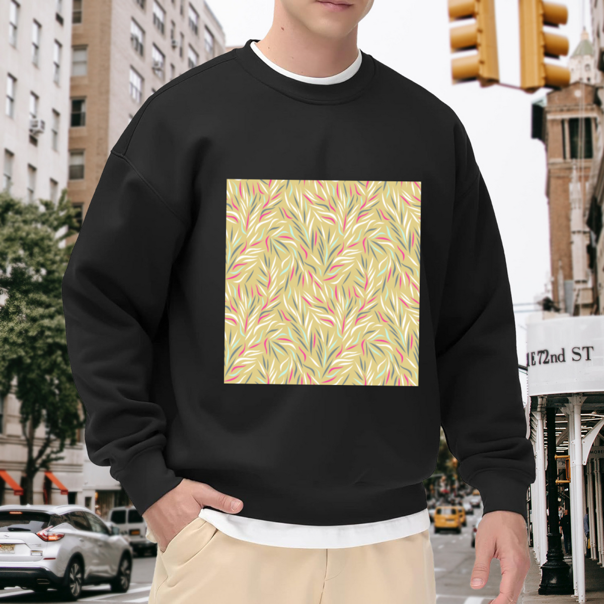 Trendy Abstract Botanical Leaves Crewneck Sweatshirt with Soft Pastel Hand-Drawn Floral Print
