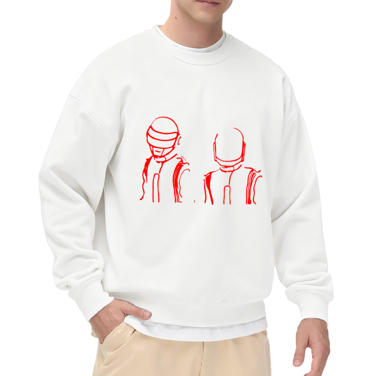 Daft Punk Helmets Line Art Crewneck Sweatshirt | Minimalist Red Music Graphic Pullover, Retro Electronic Duo Streetwear Top, EDM Gift