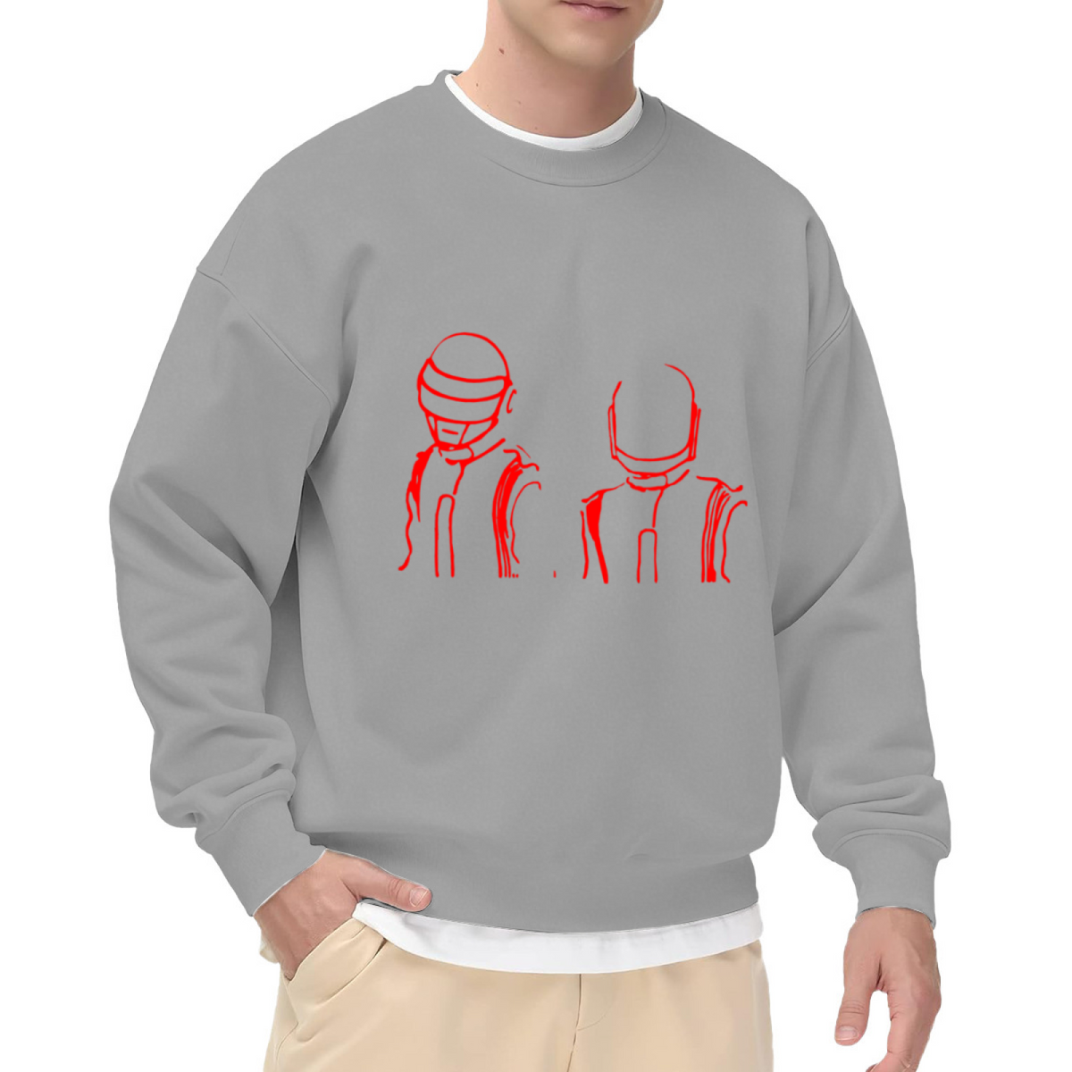 Daft Punk Helmets Line Art Crewneck Sweatshirt | Minimalist Red Music Graphic Pullover, Retro Electronic Duo Streetwear Top, EDM Gift