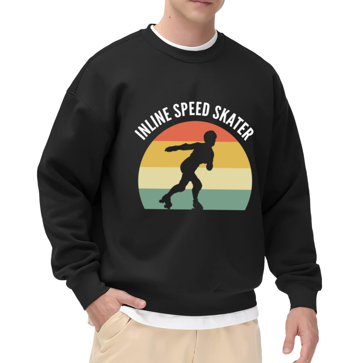 Inline Speed Skater Retro Sunset Stripes Crewneck Sweatshirt | Vintage Roller Skating Athletic Pullover, Skater Gift
