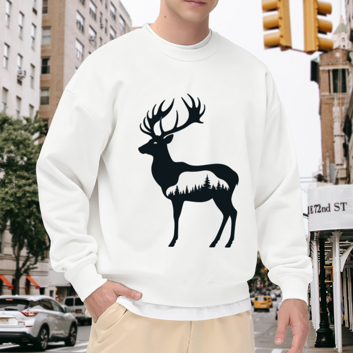 Stag Deer Forest Negative Space Crewneck Sweatshirt | Minimalist Wilderness Silhouette Pullover, Nature Lover Gift