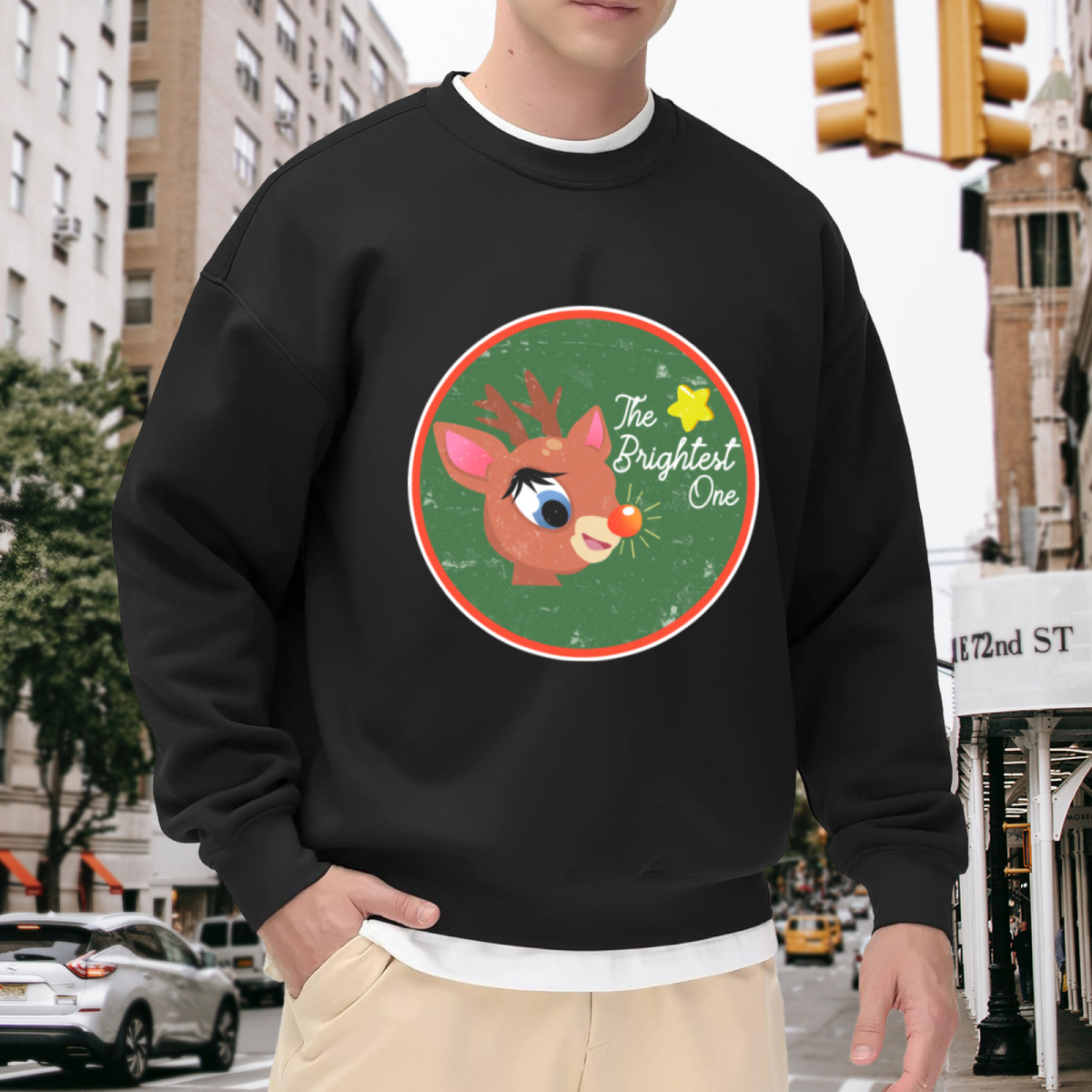The Brightest One Glowing Nose Reindeer Christmas Crewneck Sweatshirt | Vintage Festive Holiday Graphic Pullover, Xmas Gift