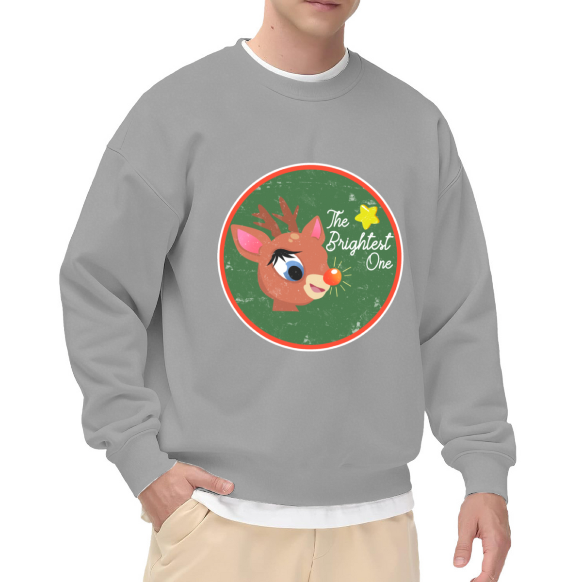 The Brightest One Glowing Nose Reindeer Christmas Crewneck Sweatshirt | Vintage Festive Holiday Graphic Pullover, Xmas Gift