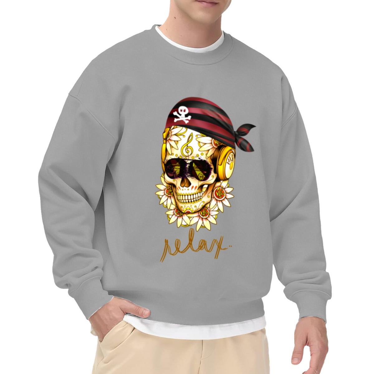 VIP Sugar Skull Headphones Crewneck Sweatshirt | Edgy Pirate Bandana Graphic Pullover, Decorated Skull Streetwear Top, Halloween Gift