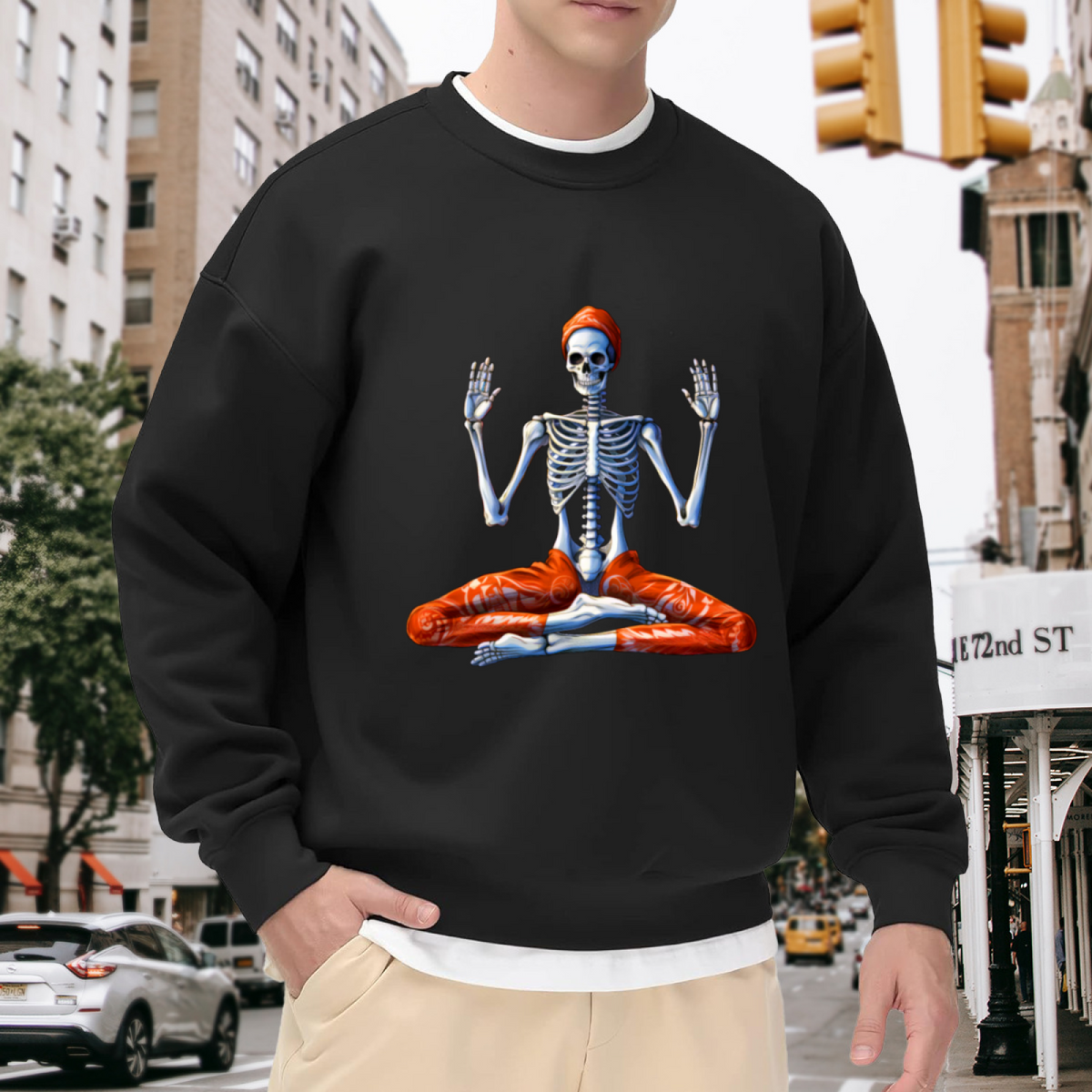 Meditating Skeleton Lotus Pose Crewneck Sweatshirt | Zen Yoga Bone Art Pullover, Spiritual Yoga Lover Gift