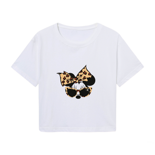 Leopard Print Bow Minnie Mouse Retro Sunglasses Cropped Top Y2K Crop Tee