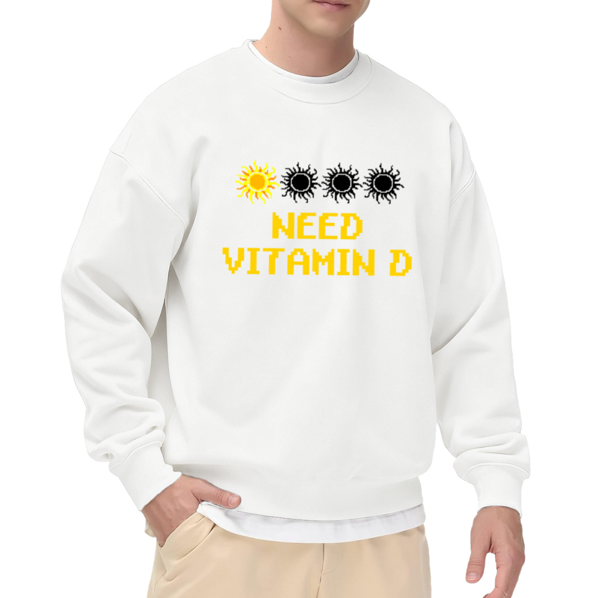 Need Vitamin D Pixel Sun Crewneck Sweatshirt, Retro 8 Bit Sunshine Graphic Pullover, Sunshine Lover Gift