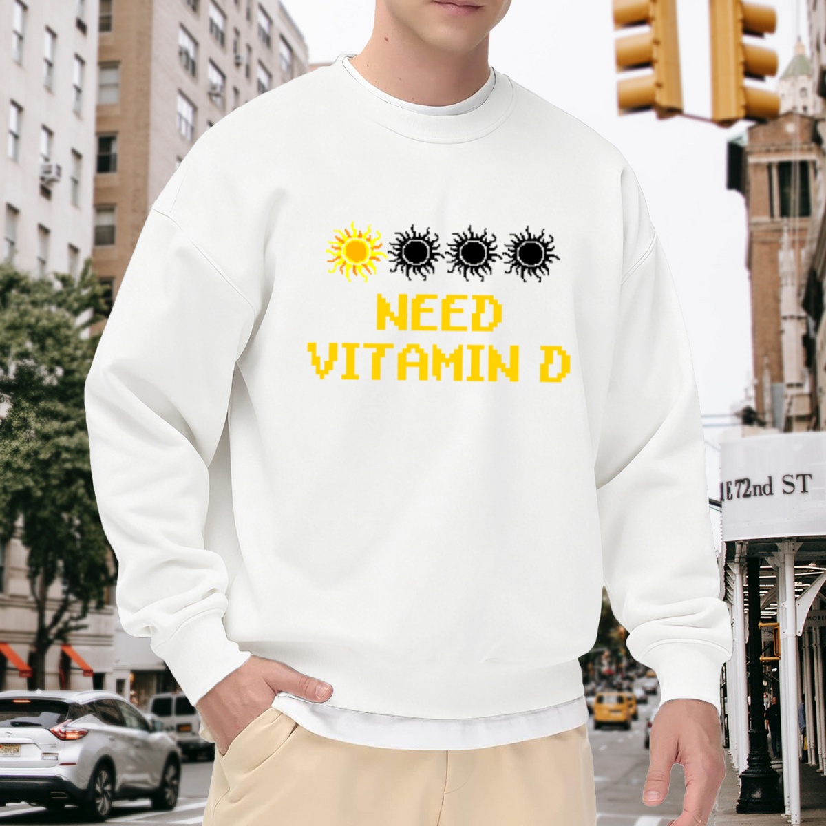 Need Vitamin D Pixel Sun Crewneck Sweatshirt, Retro 8 Bit Sunshine Graphic Pullover, Sunshine Lover Gift