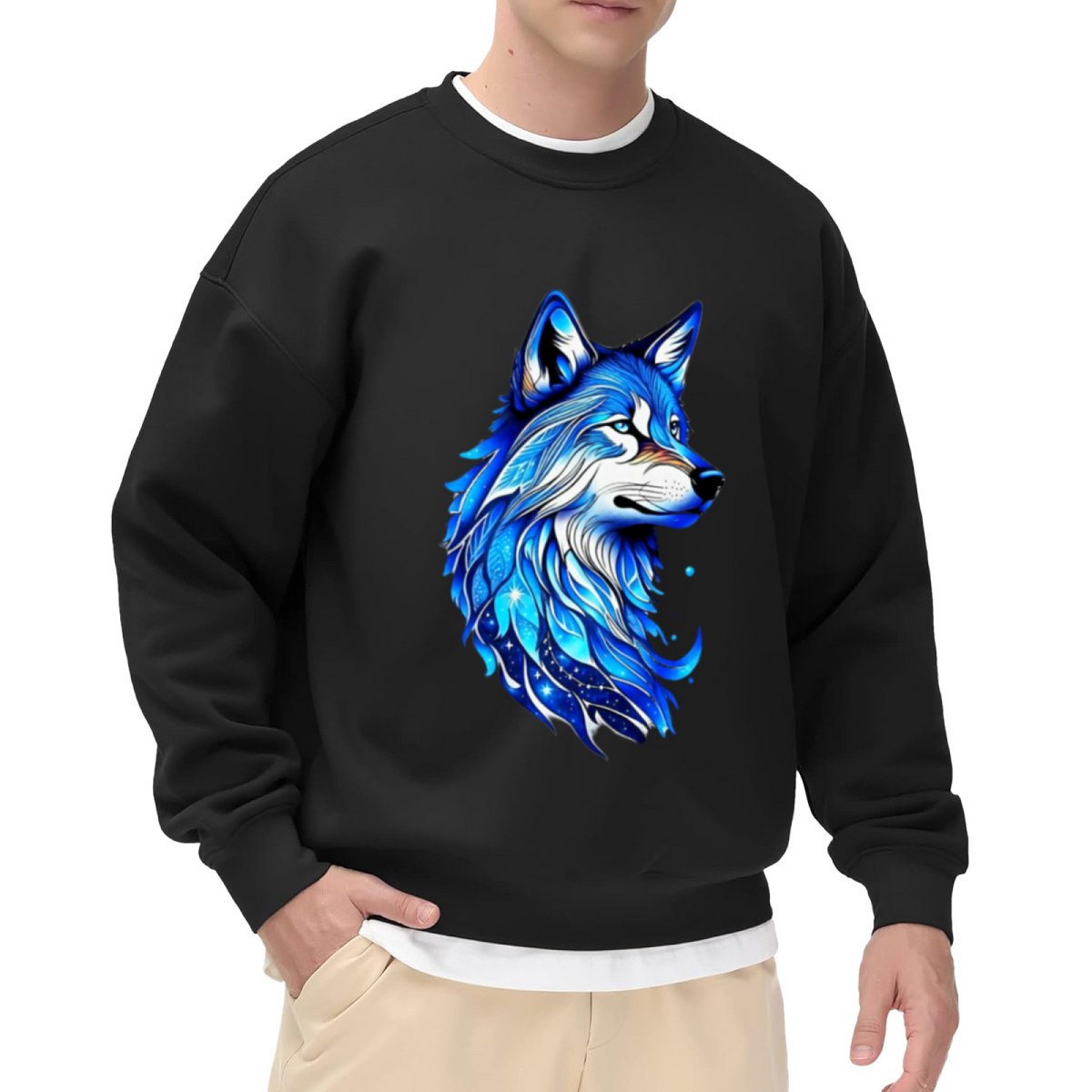 Galaxy Wolf Crewneck Sweatshirt - Cosmic Wolf Head Graphic Pullover, Howling At The Moon, Mystical Space Animal Streetwear