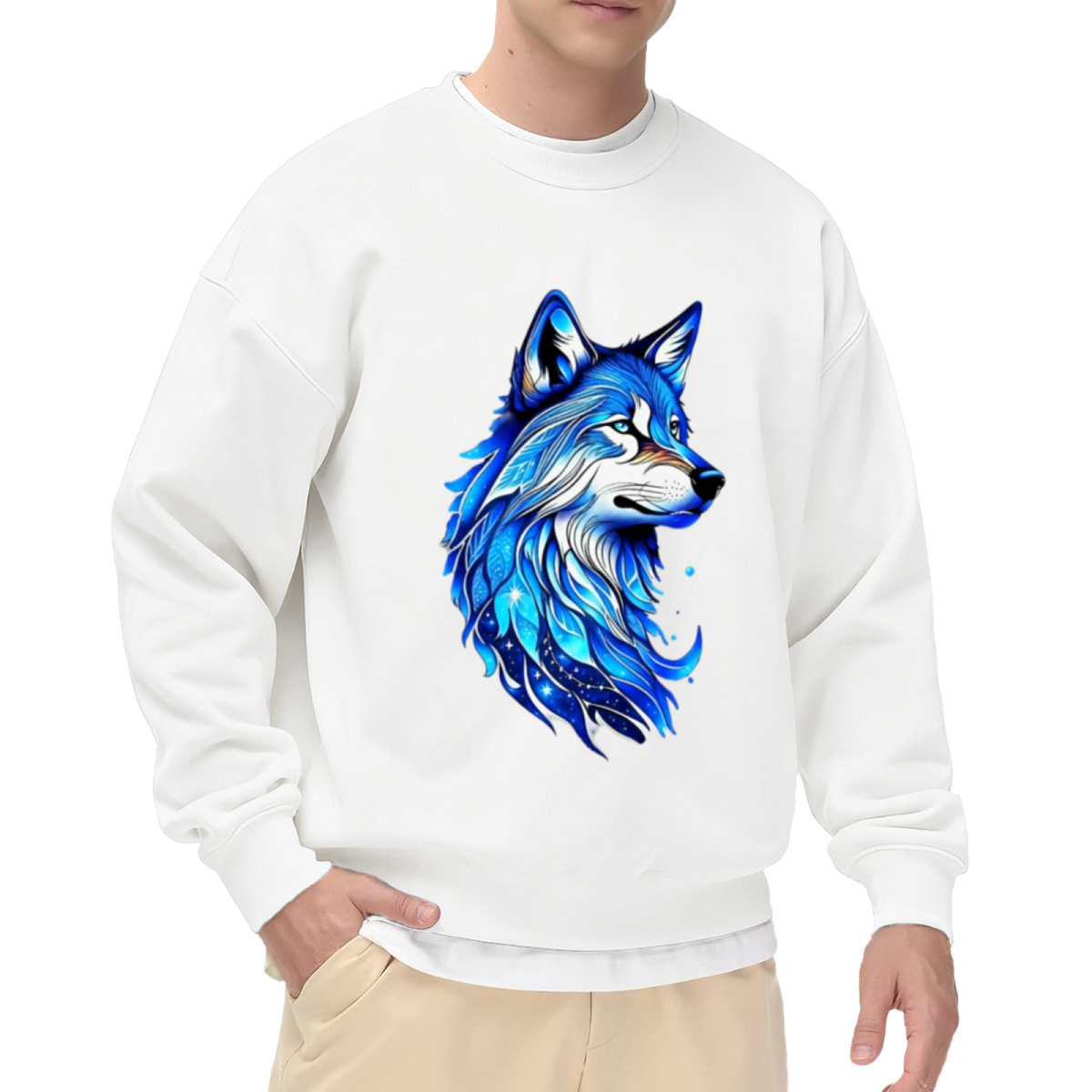 Galaxy Wolf Crewneck Sweatshirt - Cosmic Wolf Head Graphic Pullover, Howling At The Moon, Mystical Space Animal Streetwear