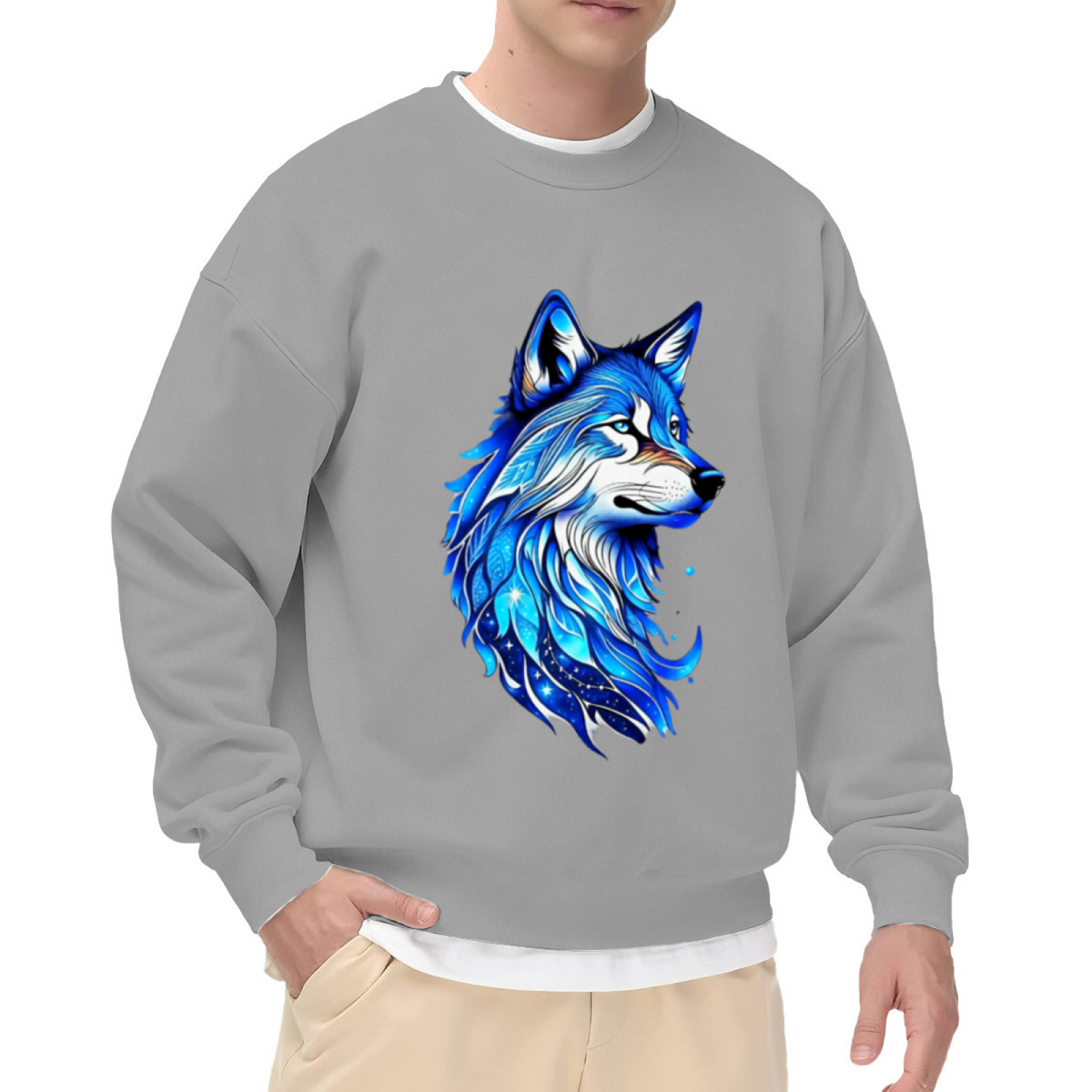 Galaxy Wolf Crewneck Sweatshirt - Cosmic Wolf Head Graphic Pullover, Howling At The Moon, Mystical Space Animal Streetwear