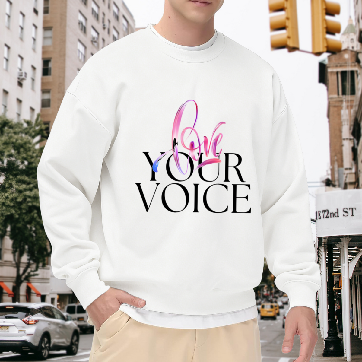 Love Your Voice Gradient Script Crewneck Sweatshirt | Colorful Brush Script Inspirational Pullover, Soft Artistic Graphic Top, Empowering Gift