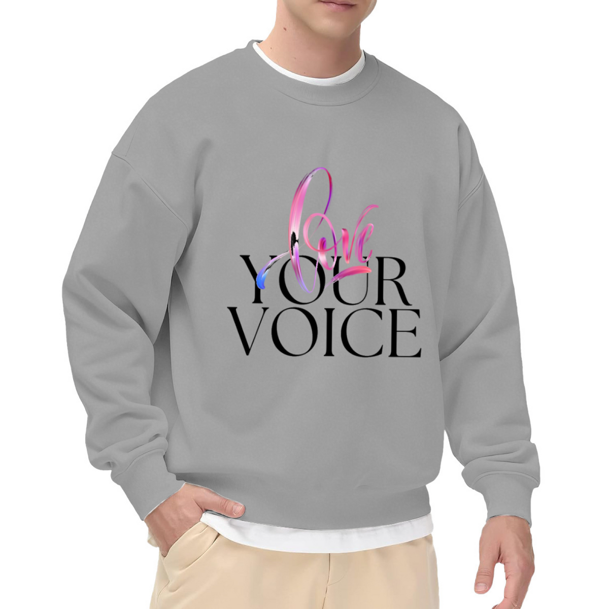 Love Your Voice Gradient Script Crewneck Sweatshirt | Colorful Brush Script Inspirational Pullover, Soft Artistic Graphic Top, Empowering Gift