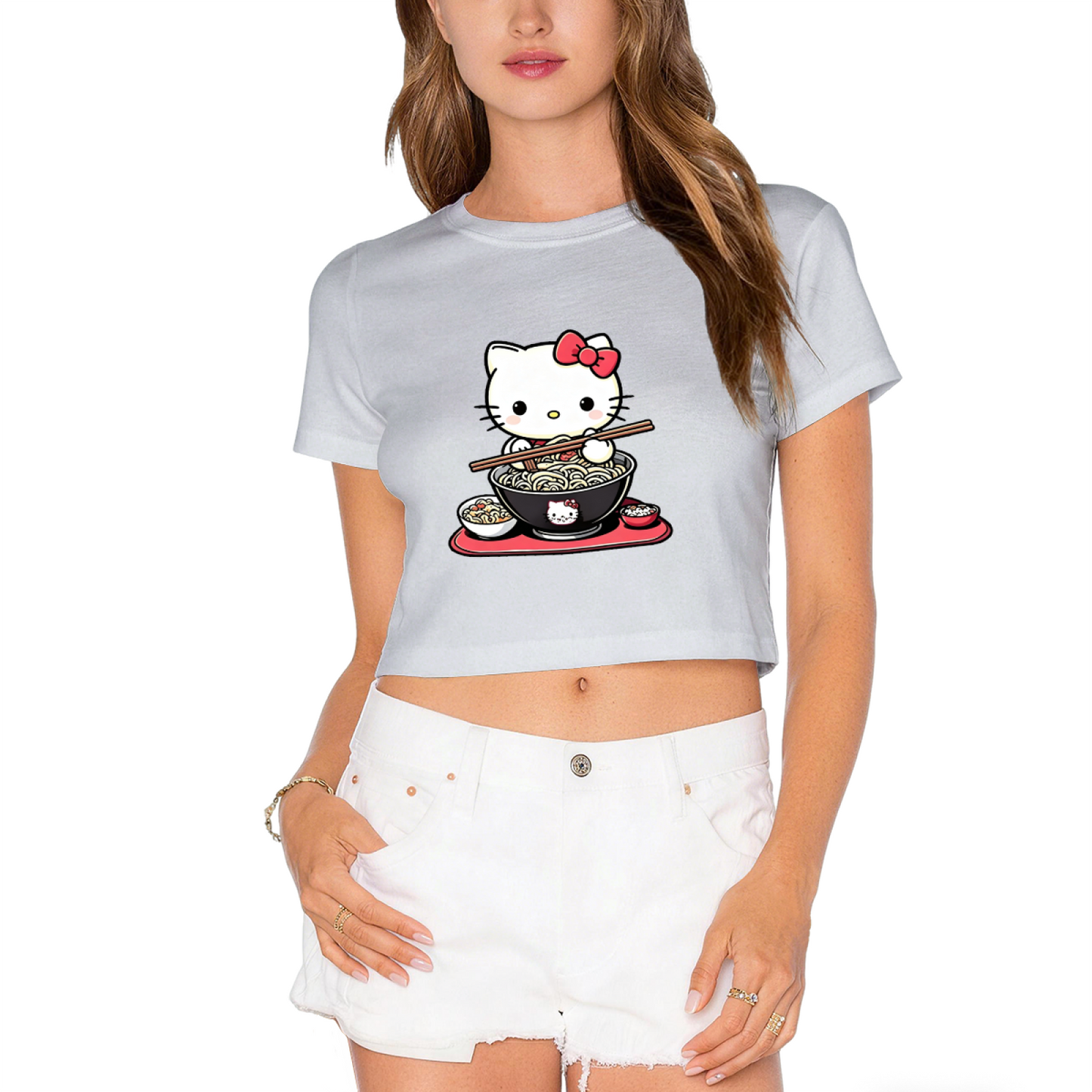 Tiny Chest?Print Hello Kitty Minimal White Cropped Top