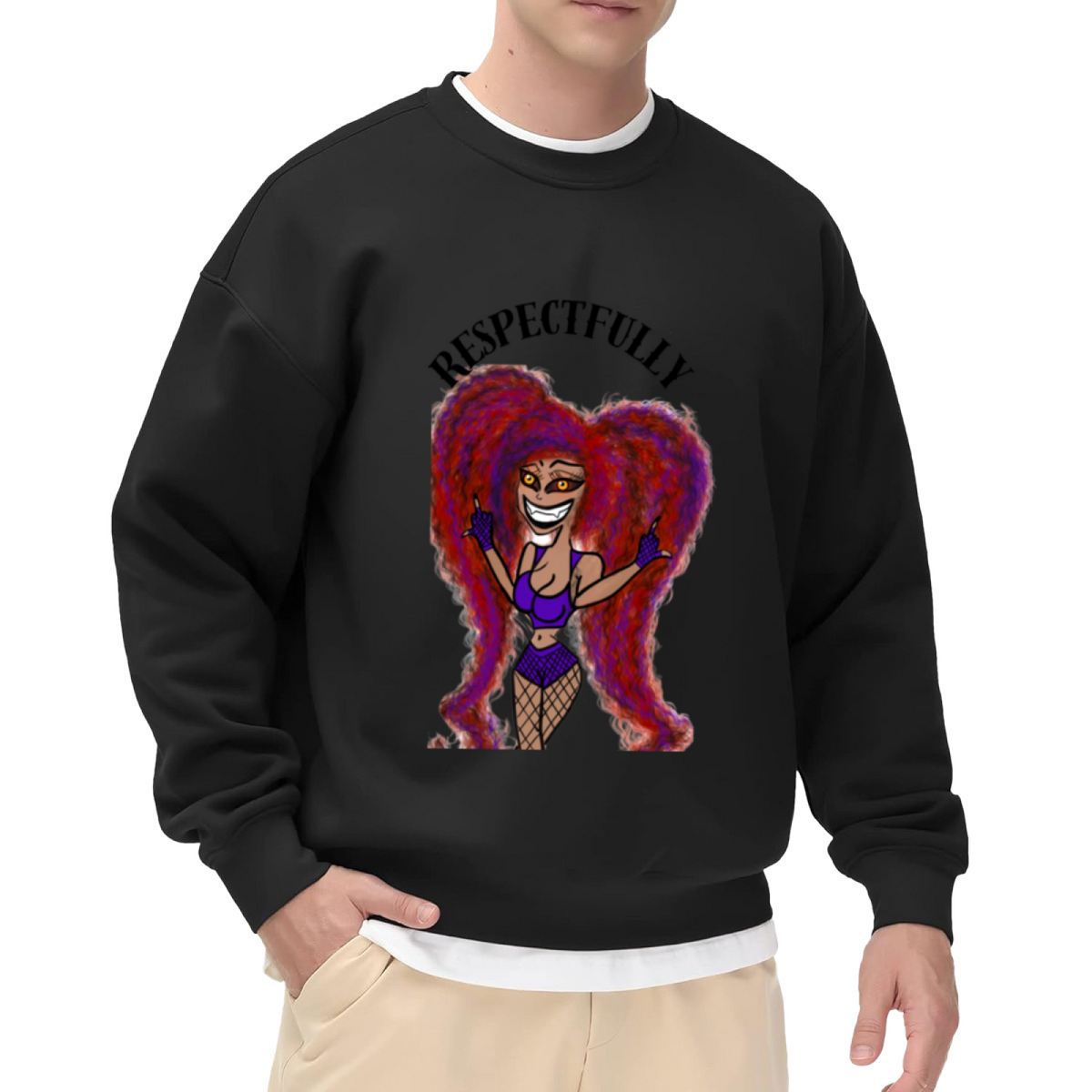 Respectfully Middle Finger Cartoon Crewneck Sweatshirt, Sassy Streetwear Character Pullover, Funny Attitude Gift