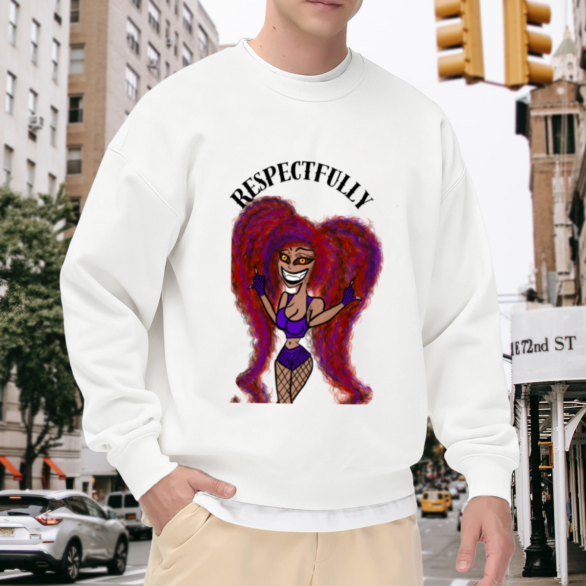 Respectfully Middle Finger Cartoon Crewneck Sweatshirt, Sassy Streetwear Character Pullover, Funny Attitude Gift