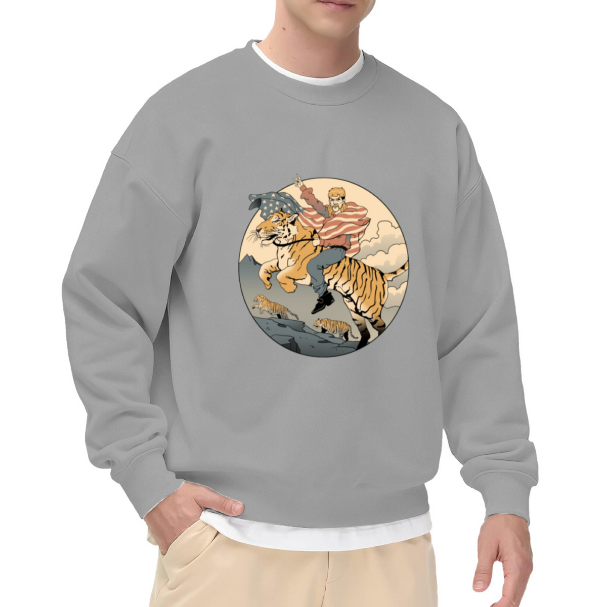 Trump Riding Tiger Sweatshirt | Retro Cartoon Patriotic Graphic Crewneck, American Flag Pullover Top, Political Humor Gift for Men Women