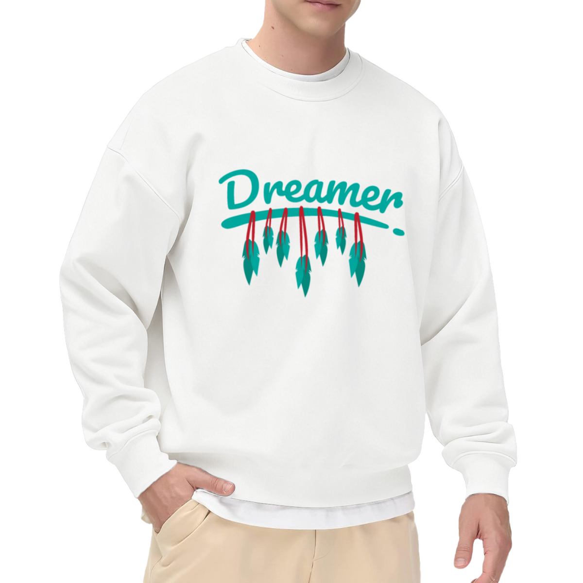 Dreamer Feather Crewneck Sweatshirt - Minimal Boho Handwritten Pullover, Inspirational Graphic, Free Spirit Top