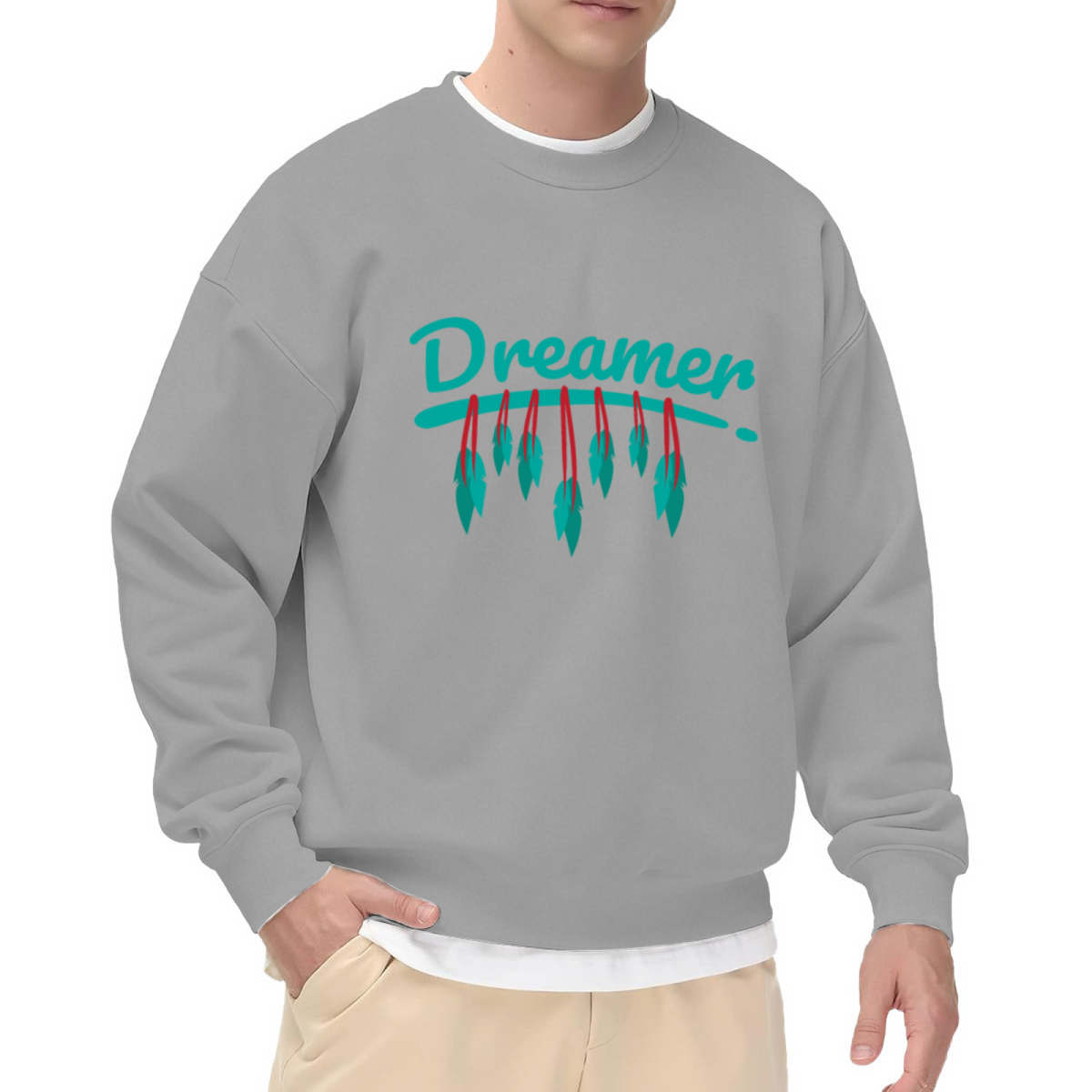 Dreamer Feather Crewneck Sweatshirt - Minimal Boho Handwritten Pullover, Inspirational Graphic, Free Spirit Top