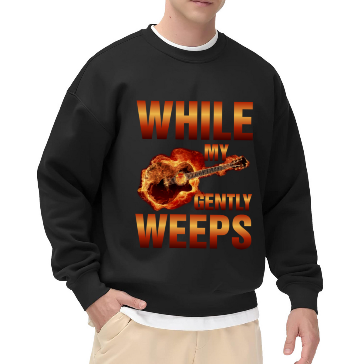 While My Guitar Gently Weeps Flaming Guitar Crewneck Sweatshirt | Rock Music Flame Graphic Pullover, Guitarist Gift