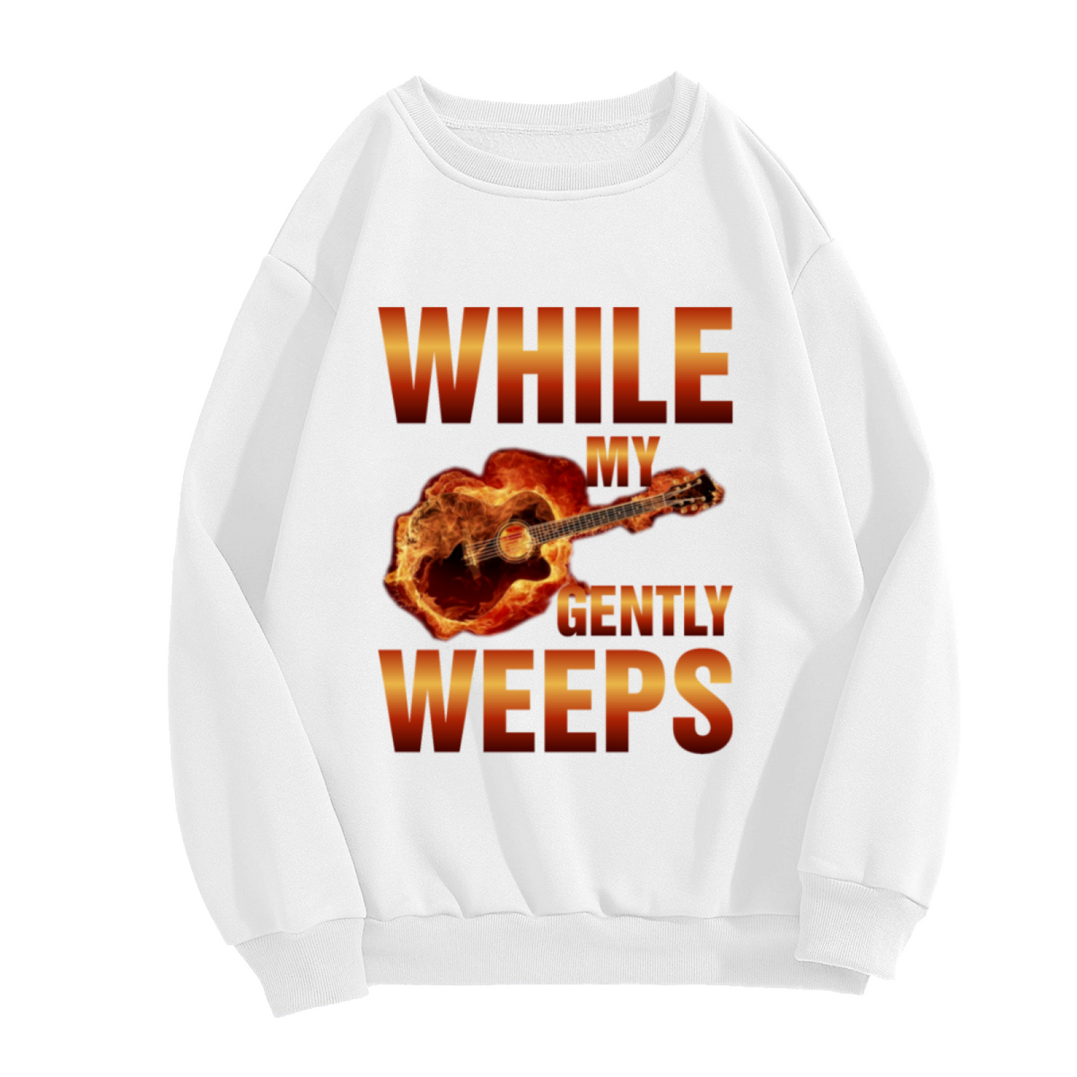 While My Guitar Gently Weeps Flaming Guitar Crewneck Sweatshirt | Rock Music Flame Graphic Pullover, Guitarist Gift