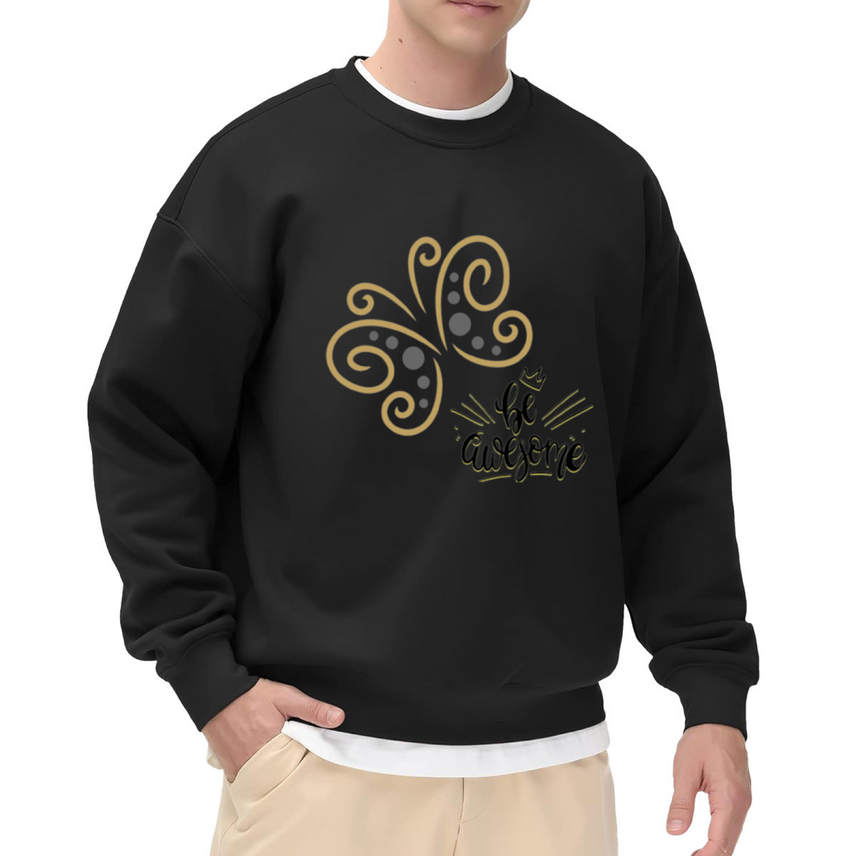 Be Awesome Butterfly Crewneck Sweatshirt with Motivational Typography and Crown Design, Positive Vibes Casual Pullover for Men Women