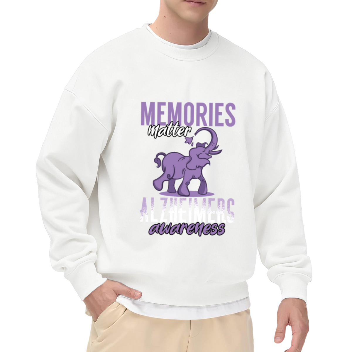 Memories Matter Alzheimer's Awareness Crewneck Sweatshirt - Purple Elephant Support Graphic, Dementia Awareness Pullover