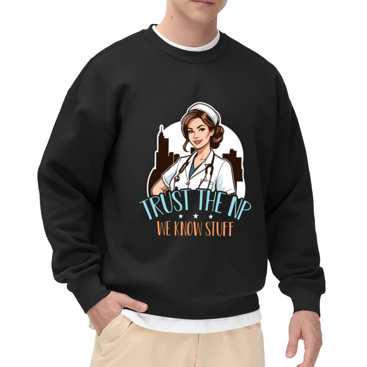 Trust The NP We Know Stuff Crewneck Sweatshirt | Funny Nurse Practitioner Pullover, Cartoon Medical Graphic Top, Nurses Day Gift