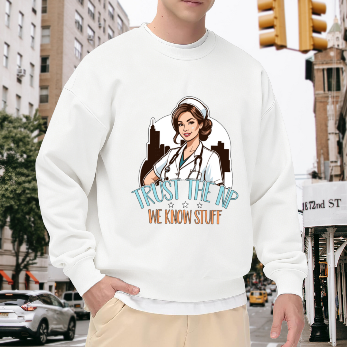 Trust The NP We Know Stuff Crewneck Sweatshirt | Funny Nurse Practitioner Pullover, Cartoon Medical Graphic Top, Nurses Day Gift