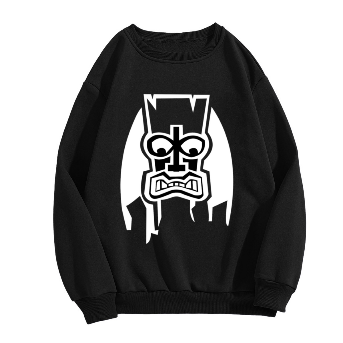 Geometric Tribal Tiki Face Crewneck Sweatshirt | High-Contrast Mask Graphic Pullover, Streetwear Top