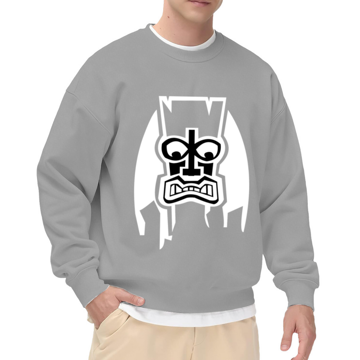 Geometric Tribal Tiki Face Crewneck Sweatshirt | High-Contrast Mask Graphic Pullover, Streetwear Top