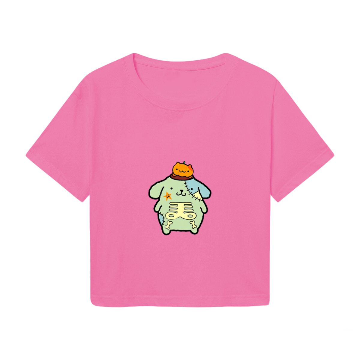 Spooky Patchwork Pompompurin Pink Cropped T?Shirt